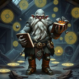 A stout and proud dark grey-skinned dwarf warrior mage D&D character with a distinctive white beard resembling rat whiskers and glowing purple eyes
