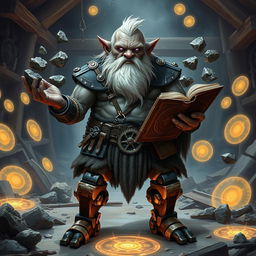 A stout and proud dark grey-skinned dwarf warrior mage D&D character with a distinctive white beard resembling rat whiskers and glowing purple eyes