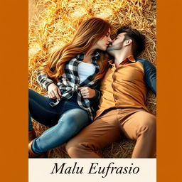 A sensual cover design featuring a young female farmer with long, wavy hair reaching down to her waist, wearing jeans and a plaid shirt tied at the waist