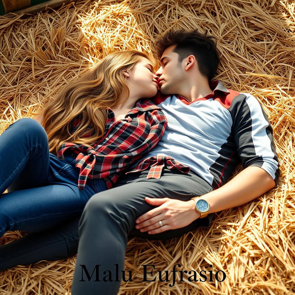 A sensual cover design featuring a young female farmer with long, wavy hair reaching down to her waist, wearing jeans and a plaid shirt tied at the waist