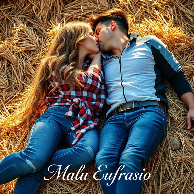 A sensual cover design featuring a young female farmer with long, wavy hair reaching down to her waist, wearing jeans and a plaid shirt tied at the waist