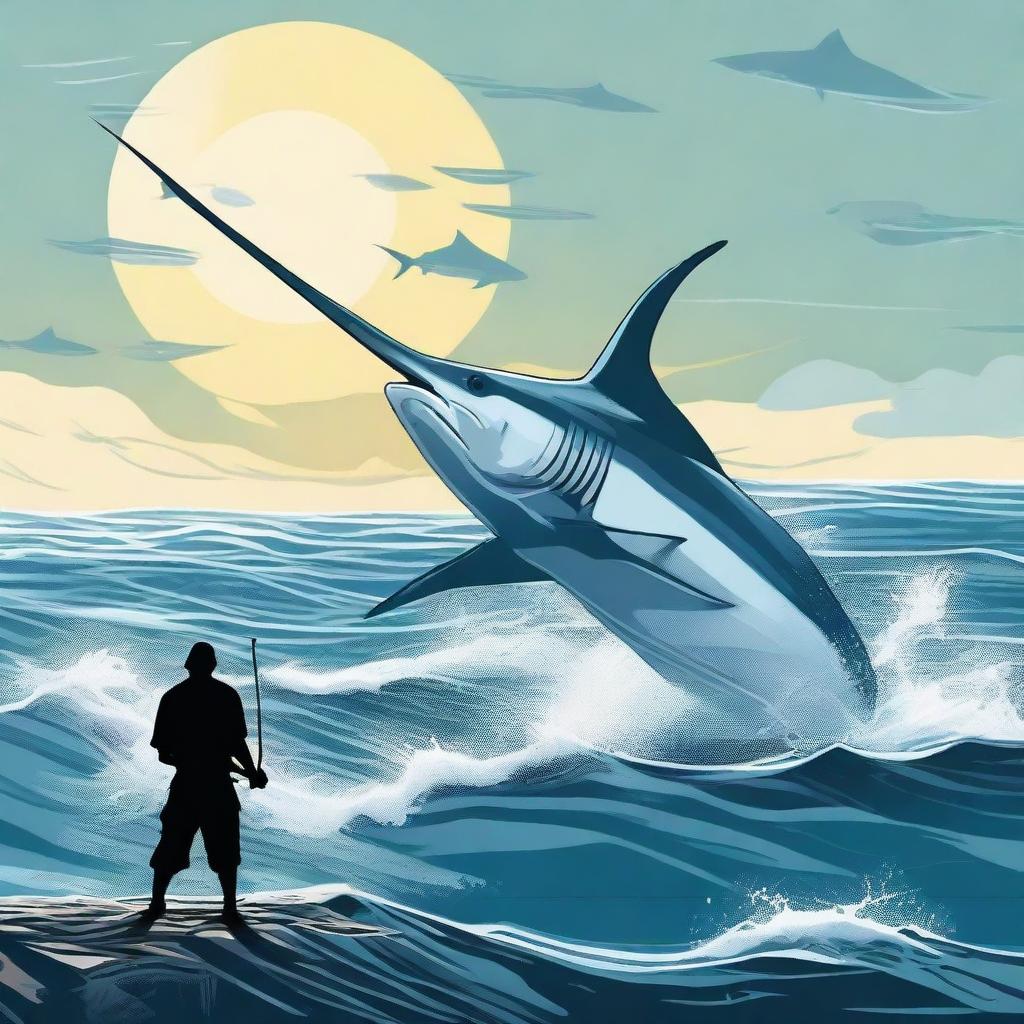 An epic scene of a fisherman embarking on the daunting task of catching a giant swordfish shark, the vast ocean surrounding them