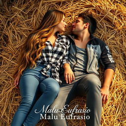 A sensual cover design featuring a young female farmer with long, wavy hair reaching down to her waist, wearing jeans and a plaid shirt tied at the waist