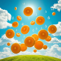 An imaginative scene depicting a whimsical array of Indonesian risoles falling from a bright blue sky like raindrops