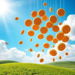 An imaginative scene depicting a whimsical array of Indonesian risoles falling from a bright blue sky like raindrops