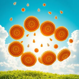 An imaginative scene depicting a whimsical array of Indonesian risoles falling from a bright blue sky like raindrops