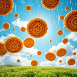 An imaginative scene depicting a whimsical array of Indonesian risoles falling from a bright blue sky like raindrops