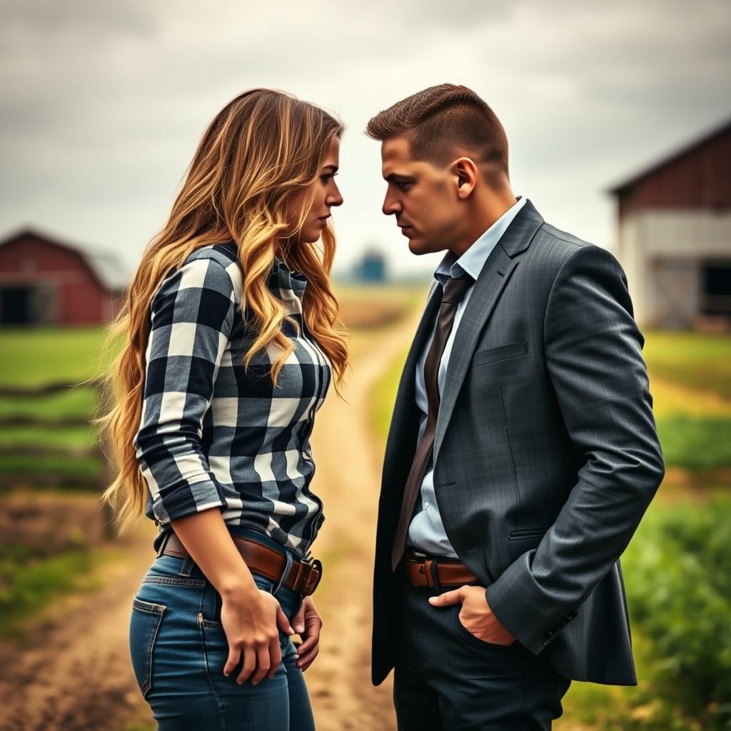 A sensual cover image featuring a young female farmer with long, wavy hair reaching her waist, dressed in a fitted plaid shirt and jeans, standing closely to a male CEO dressed in a sharp suit