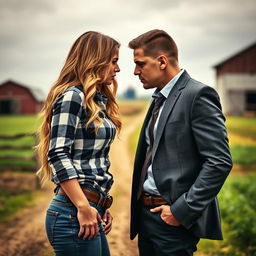 A sensual cover image featuring a young female farmer with long, wavy hair reaching her waist, dressed in a fitted plaid shirt and jeans, standing closely to a male CEO dressed in a sharp suit