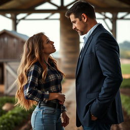 A sensual cover image featuring a young female farmer with long, wavy hair reaching her waist, dressed in a fitted plaid shirt and jeans, standing closely to a male CEO dressed in a sharp suit