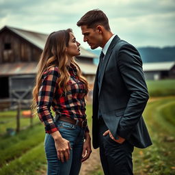 A sensual cover image featuring a young female farmer with long, wavy hair reaching her waist, dressed in a fitted plaid shirt and jeans, standing closely to a male CEO dressed in a sharp suit