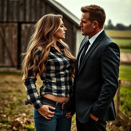 A sensual cover image featuring a young female farmer with long, wavy hair reaching her waist, dressed in a fitted plaid shirt and jeans, standing closely to a male CEO dressed in a sharp suit