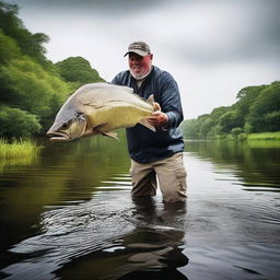 An adventurous individual trying to reel in the world's biggest monster fish, their struggle underlining nature's immense power