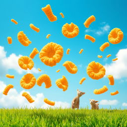 A whimsical scene depicting golden-brown, crispy risoles, an Indonesian snack, falling playfully from a bright blue sky, with soft white clouds in the background
