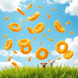 A whimsical scene depicting golden-brown, crispy risoles, an Indonesian snack, falling playfully from a bright blue sky, with soft white clouds in the background