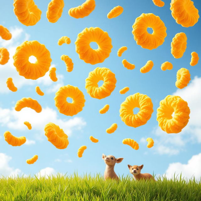 A whimsical scene depicting golden-brown, crispy risoles, an Indonesian snack, falling playfully from a bright blue sky, with soft white clouds in the background