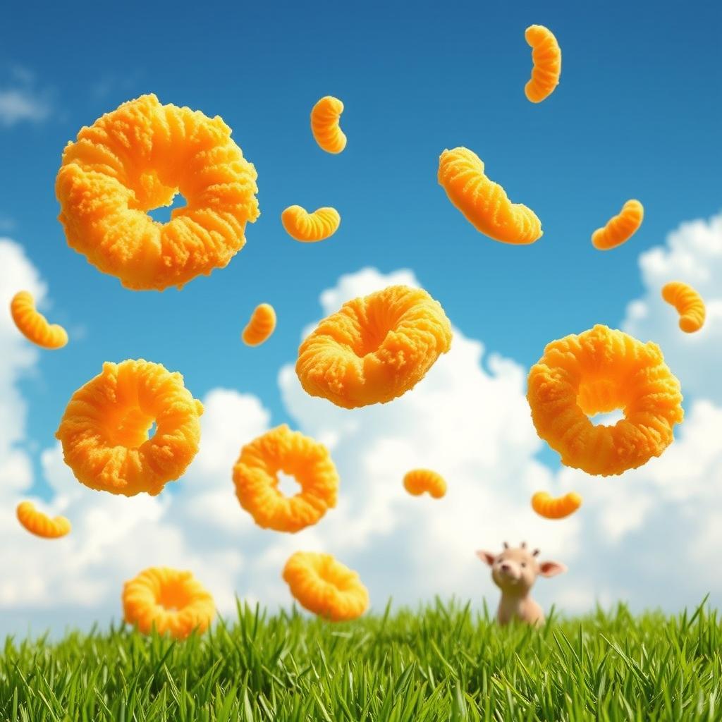 A whimsical scene depicting golden-brown, crispy risoles, an Indonesian snack, falling playfully from a bright blue sky, with soft white clouds in the background