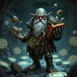 A stout and proud very dark grey-skinned dwarf warrior mage D&D character with a distinctive white beard resembling rat whiskers and glowing purple eyes