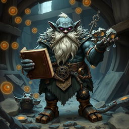 A stout and proud very dark grey-skinned dwarf warrior mage D&D character with a distinctive white beard resembling rat whiskers and glowing purple eyes