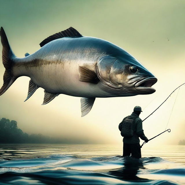 An adventurous individual trying to reel in the world's biggest monster fish, their struggle underlining nature's immense power