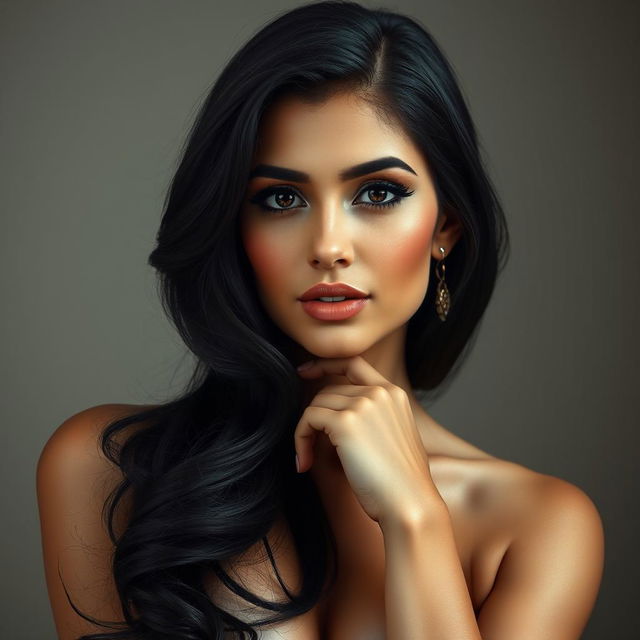 A hyper-realistic portrait of a 40-year-old Persian woman with large breasts and very pretty features