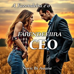 A captivating book cover featuring a sensual young farmer girl with long, wavy hair down to her waist, wearing stylish jeans and a plaid shirt tied with a knot at the waist
