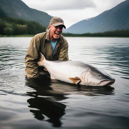 An adventurous individual trying to reel in the world's biggest monster fish, their struggle underlining nature's immense power