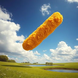 A surreal scene featuring a giant, long cylinder-shaped chicken nugget falling from a bright blue sky