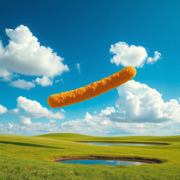 A surreal scene featuring a giant, long cylinder-shaped chicken nugget falling from a bright blue sky