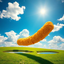 A surreal scene featuring a giant, long cylinder-shaped chicken nugget falling from a bright blue sky