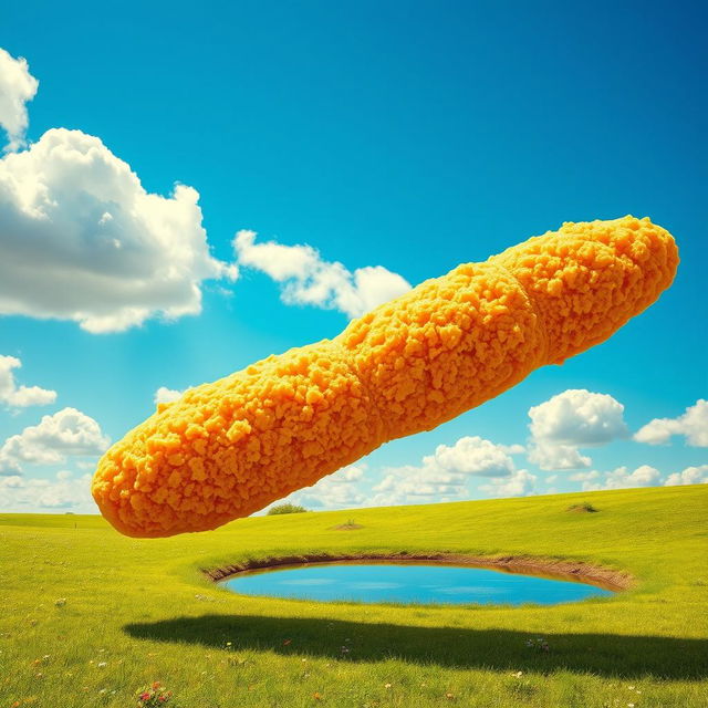 A surreal scene featuring a giant, long cylinder-shaped chicken nugget falling from a bright blue sky