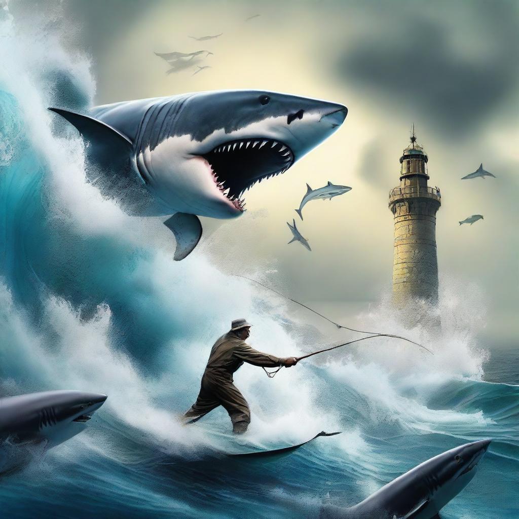 A dynamic and tense scene of a courageous fisherman attempting to catch a monstrous shark, the tower of water splashing around them evoking the sheer size of their catch