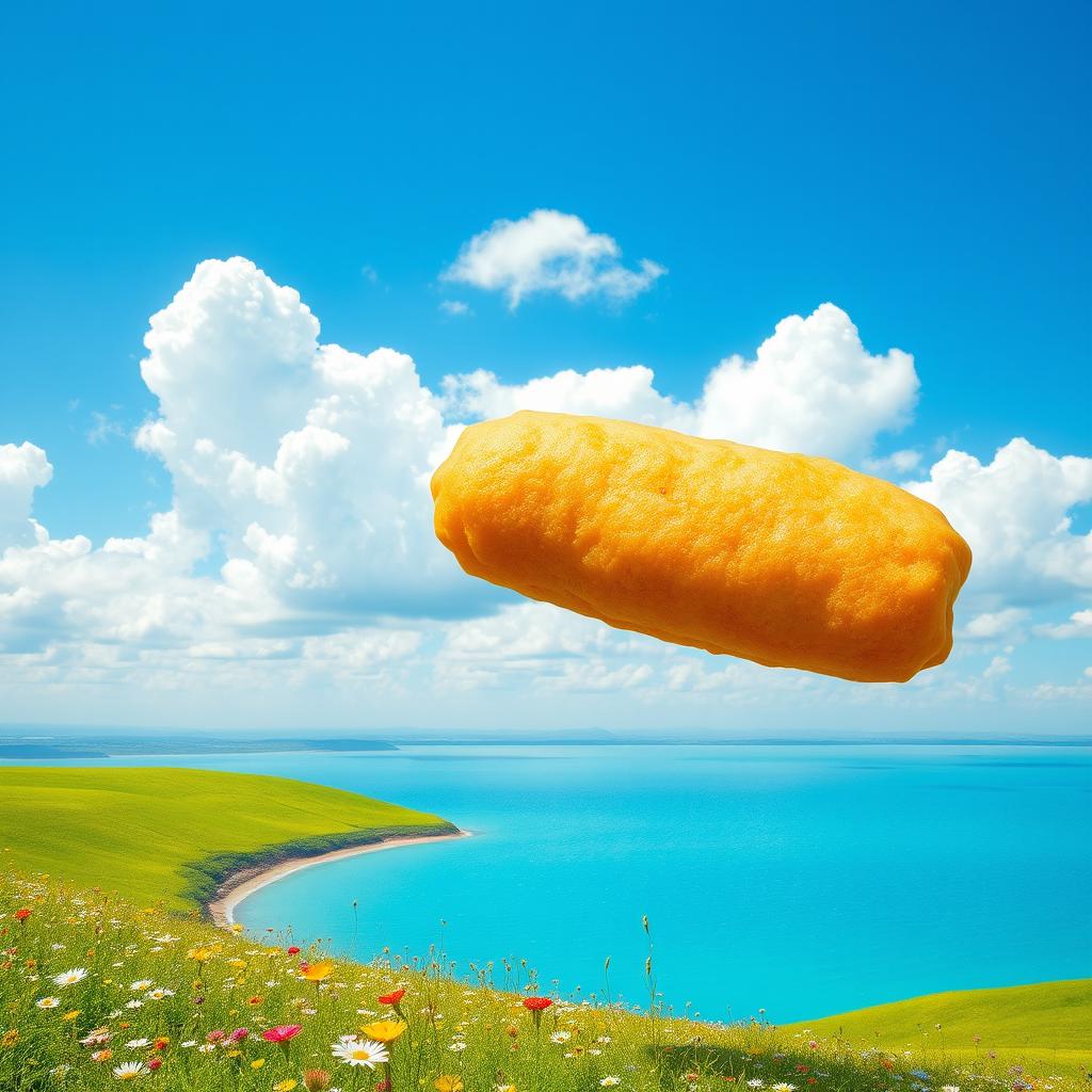 A whimsical scene featuring a giant spring roll-shaped chicken nugget falling from a bright blue sky