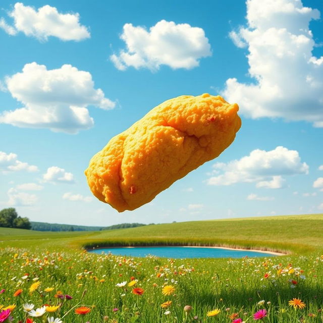 A whimsical scene featuring a giant spring roll-shaped chicken nugget falling from a bright blue sky