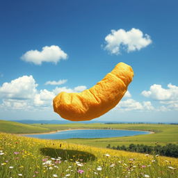A whimsical scene featuring a giant spring roll-shaped chicken nugget falling from a bright blue sky