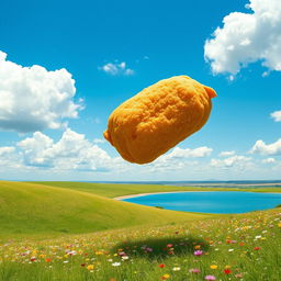 A whimsical scene featuring a giant spring roll-shaped chicken nugget falling from a bright blue sky