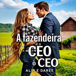 A sensual cover featuring a young female farmer with long, wavy hair reaching her waist, dressed in fitted jeans and a plaid shirt, and a handsome CEO in a tailored suit
