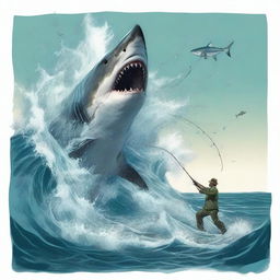 A dynamic and tense scene of a courageous fisherman attempting to catch a monstrous shark, the tower of water splashing around them evoking the sheer size of their catch