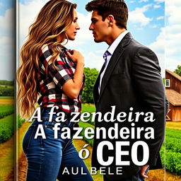 A sensual cover featuring a young female farmer with long, wavy hair reaching her waist, dressed in fitted jeans and a plaid shirt, and a handsome CEO in a tailored suit