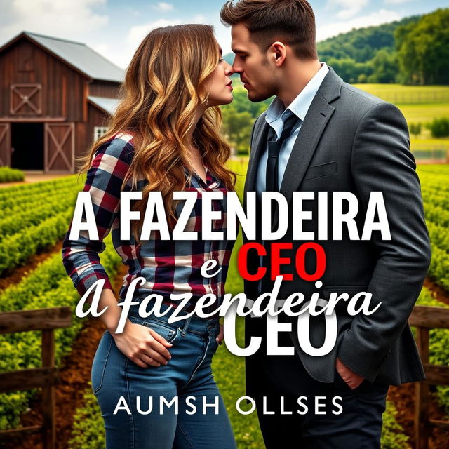 A sensual cover featuring a young female farmer with long, wavy hair reaching her waist, dressed in fitted jeans and a plaid shirt, and a handsome CEO in a tailored suit