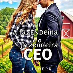 A sensual cover featuring a young female farmer with long, wavy hair reaching her waist, dressed in fitted jeans and a plaid shirt, and a handsome CEO in a tailored suit