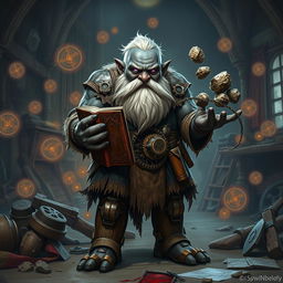 A stout and proud very dark grey-skinned dwarf warrior mage D&D character, featuring a distinctive white beard resembling rat whiskers and glowing purple eyes