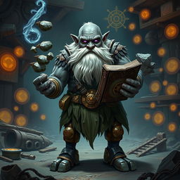 A stout and proud very dark grey-skinned dwarf warrior mage D&D character, featuring a distinctive white beard resembling rat whiskers and glowing purple eyes
