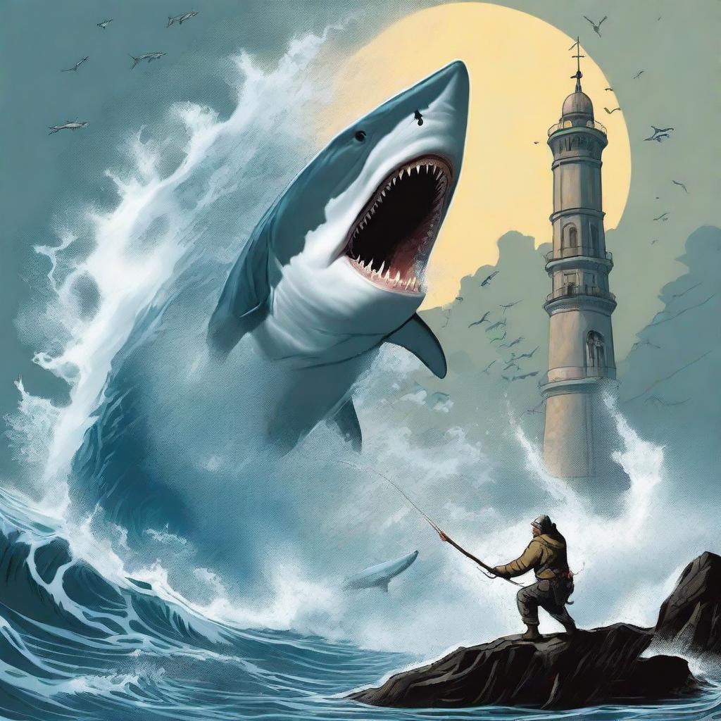 A dynamic and tense scene of a courageous fisherman attempting to catch a monstrous shark, the tower of water splashing around them evoking the sheer size of their catch