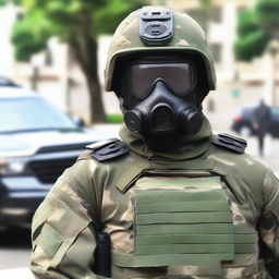 Soldado militar encapuchado con máscara de gas