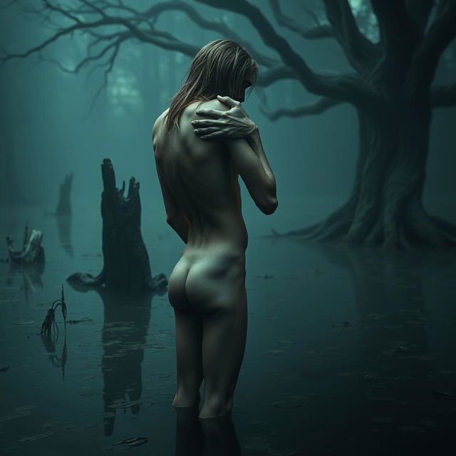 In a dark, haunting swamp, a nude short young man backs up, leaning his buttocks into the nude form of a tall, emaciated man with long hair and a beard