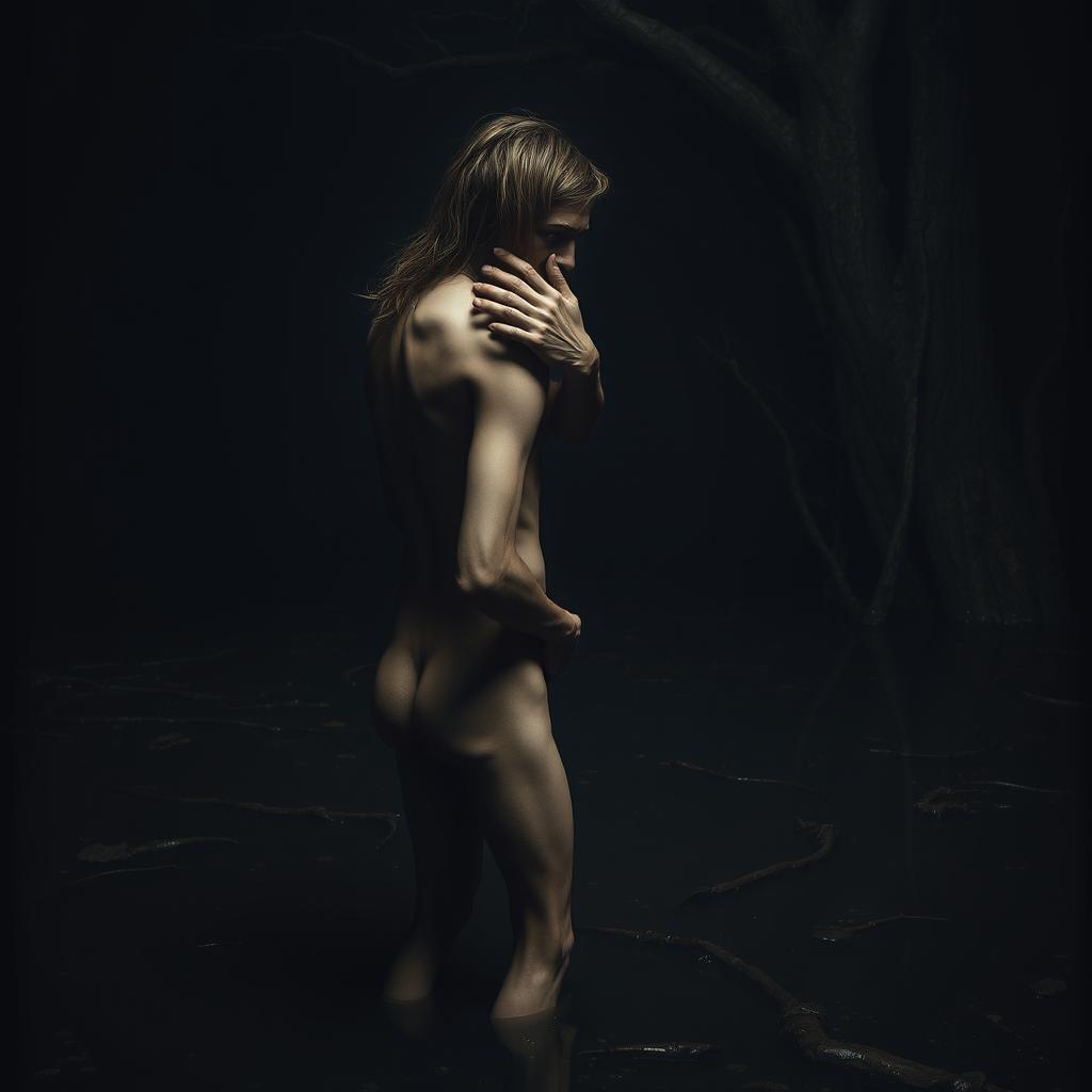 In a dark, haunting swamp, a nude short young man backs up, leaning his buttocks into the nude form of a tall, emaciated man with long hair and a beard