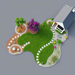 3D rendering of an abstract-shaped garden design featuring ornamental patterns of grey and white gravel intermingled artistically
