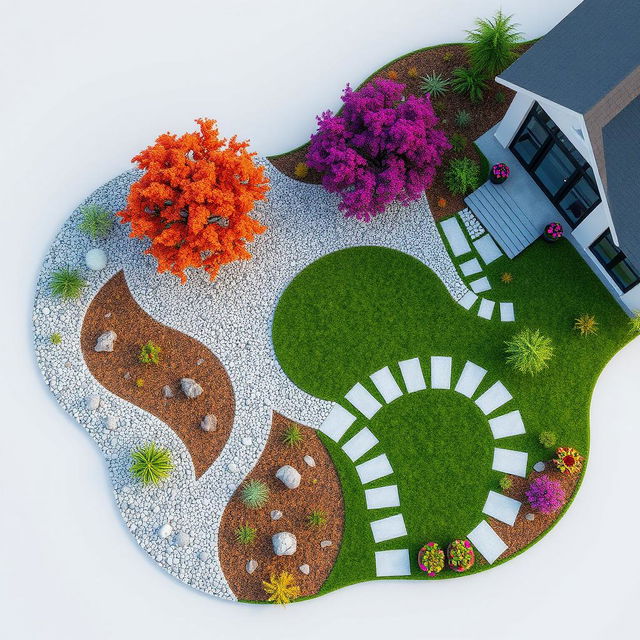 3D rendering of an abstract-shaped garden design featuring ornamental patterns of grey and white gravel intermingled artistically