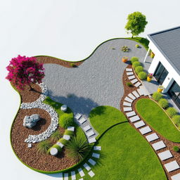 3D rendering of an abstract-shaped garden design featuring ornamental patterns of grey and white gravel intermingled artistically